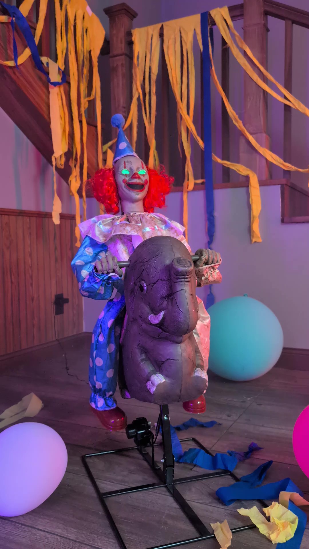 This exclusive 3.5FT Rocking Elephant Clown Animatronic Decoration is anything but cute! With eerie motion, spooky audio, and unsettling circus charm, it’s perfect for your haunted midway setup.
